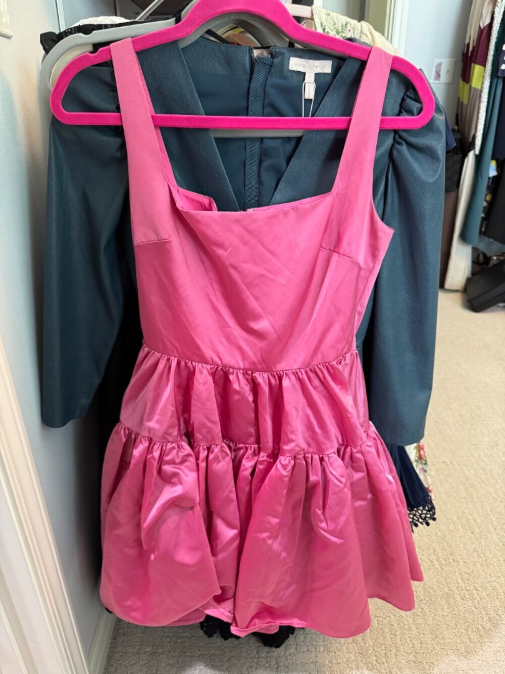 SAU LEE Hot Pink Asymmetric Draped Satin Side-Tie Mini Dress